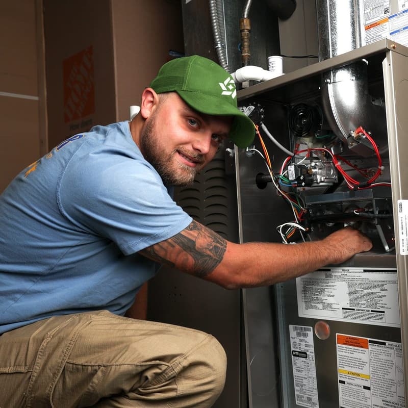 Technician in green cap working on furnace wiring